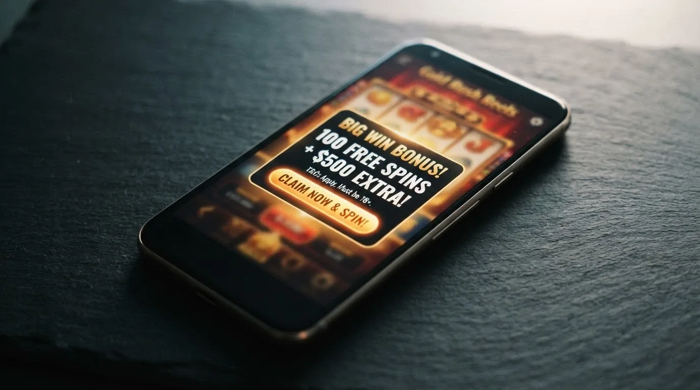 A smartphone showing a notification-style pop-up with a free-spins or free-chip casino offer