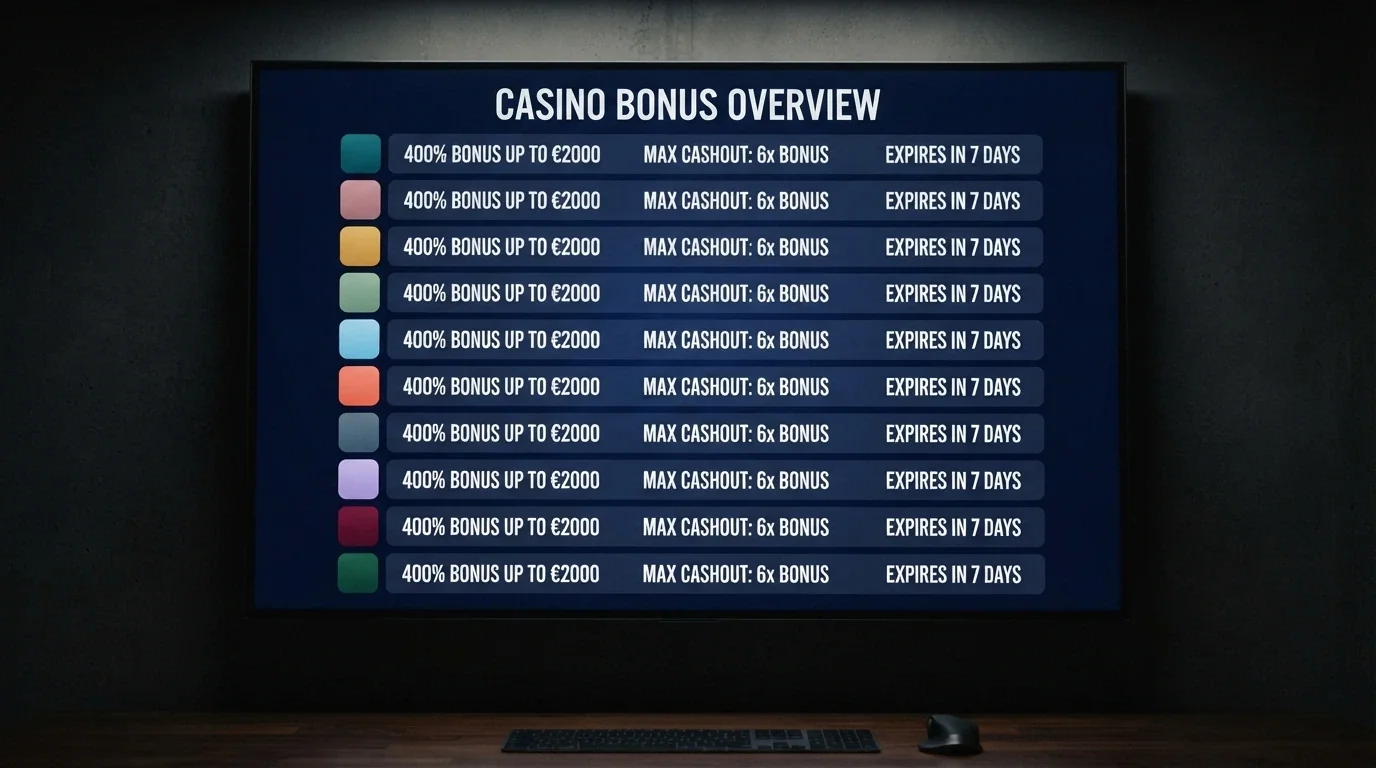 A side-by-side grid of casino brand logos on a dark background with key bonus terms visible beneath each one