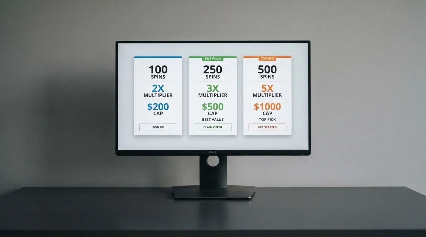A side-by-side comparison view of several pokies bonus offer cards on a desktop screen