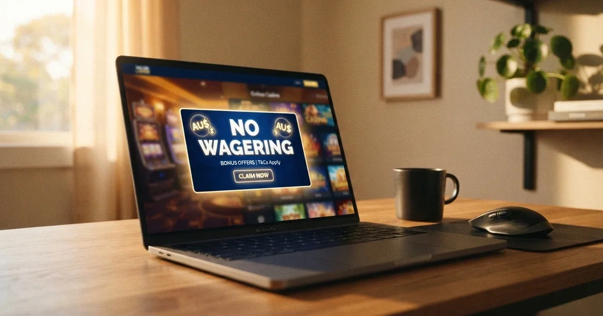 A laptop screen showing an online casino bonus offer pop-up with the words “no wagering” highlighted, Australian dollar symbols visible