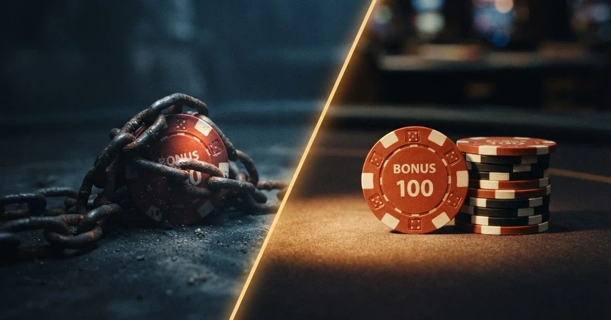 A split comparison: one side shows a casino bonus locked behind chains labelled with wagering-multiplier text, the other side shows the same bonus unlocked with cash in hand