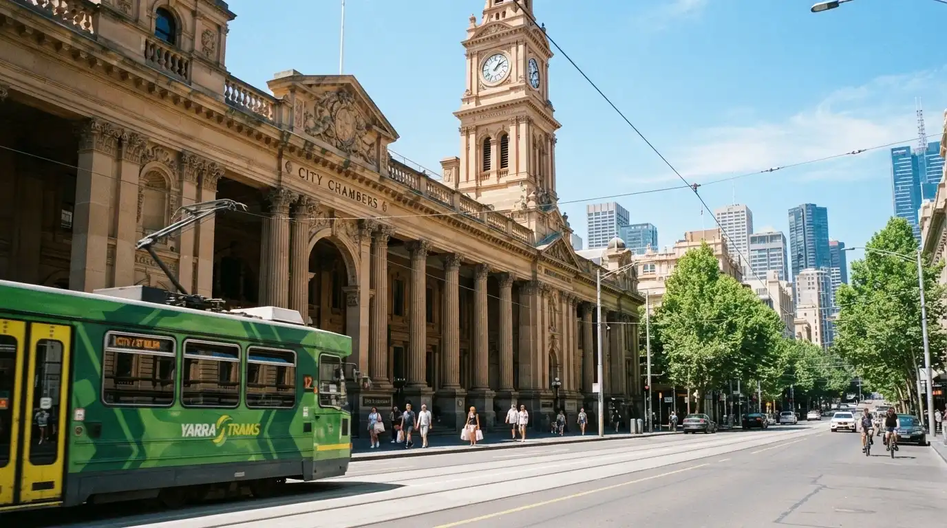 The North Terrace streetscape with the casino's heritage entrance framed by the Adelaide city skyline, a tram passing in the foreground