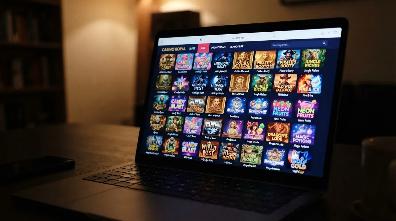 A casino game lobby displaying Betsoft slot thumbnails in a grid with a search bar visible, showing multiple titles including Take the Bank and Sugar Pop