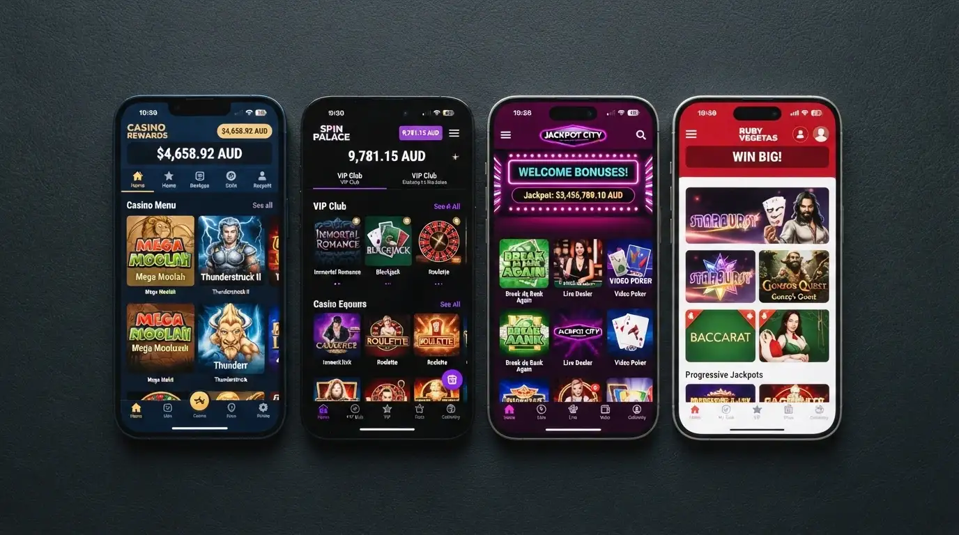 Grid of mobile phone screens showing different offshore casino app home screens side by side, with Australian dollar amounts visible