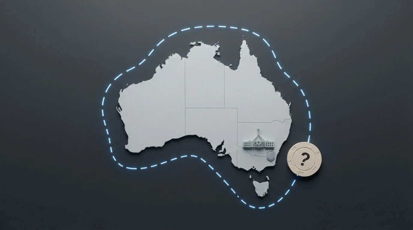 A map of Australia with a dashed jurisdictional line offshore; on one side a building labelled “ACMA • BetStop • Australian Consumer Law,” on the other a casino chip stack with a question mark