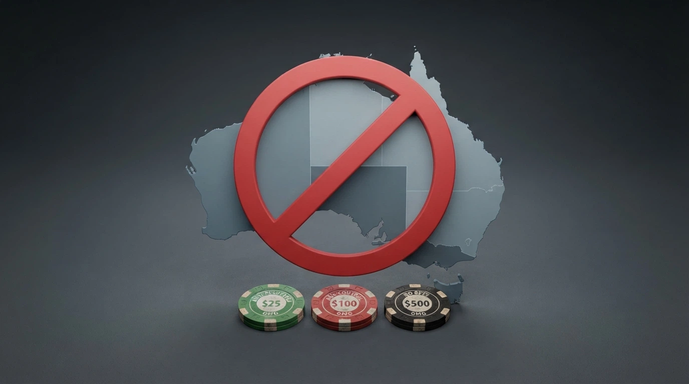 A warning-style graphic showing the Australian map with a red prohibition symbol overlaid on casino chips