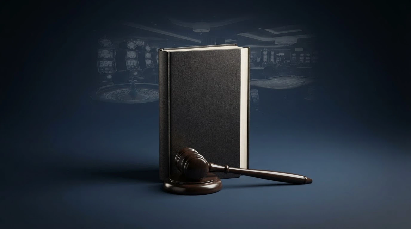 A document-style visual: the Interactive Gambling Act 2001 cover page beside a gavel, with a faded offshore casino logo in the background, conveying the legal prohibition