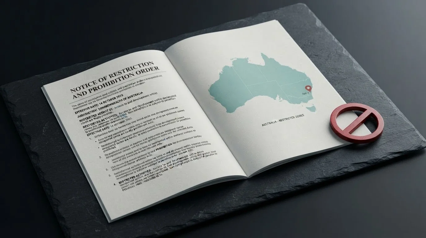 A document-stamped “Interactive Gambling Act 2001” beside a map pin marking Australia with a red prohibition symbol