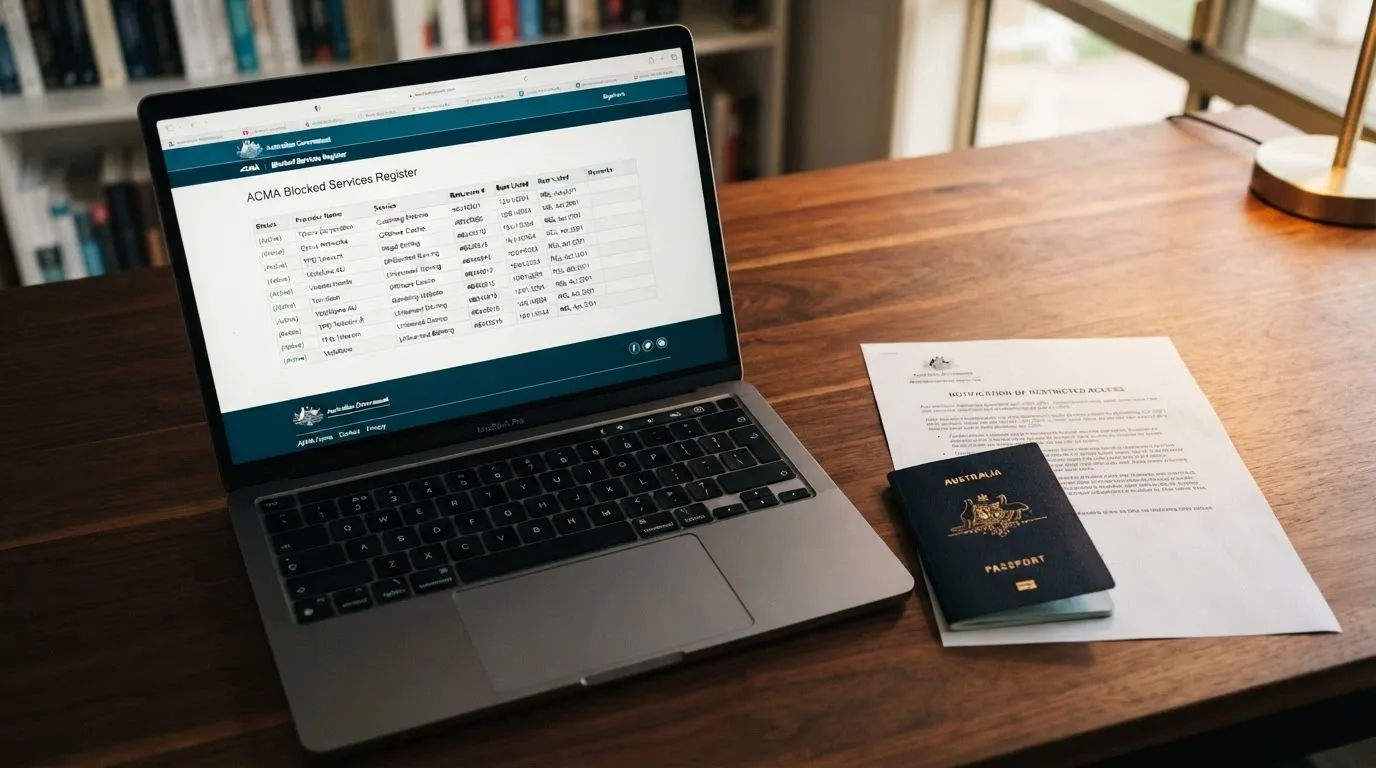 A laptop screen displaying the ACMA website's blocked-services register, with an Australian passport and a printed copy of the Interactive Gambling Act beside it