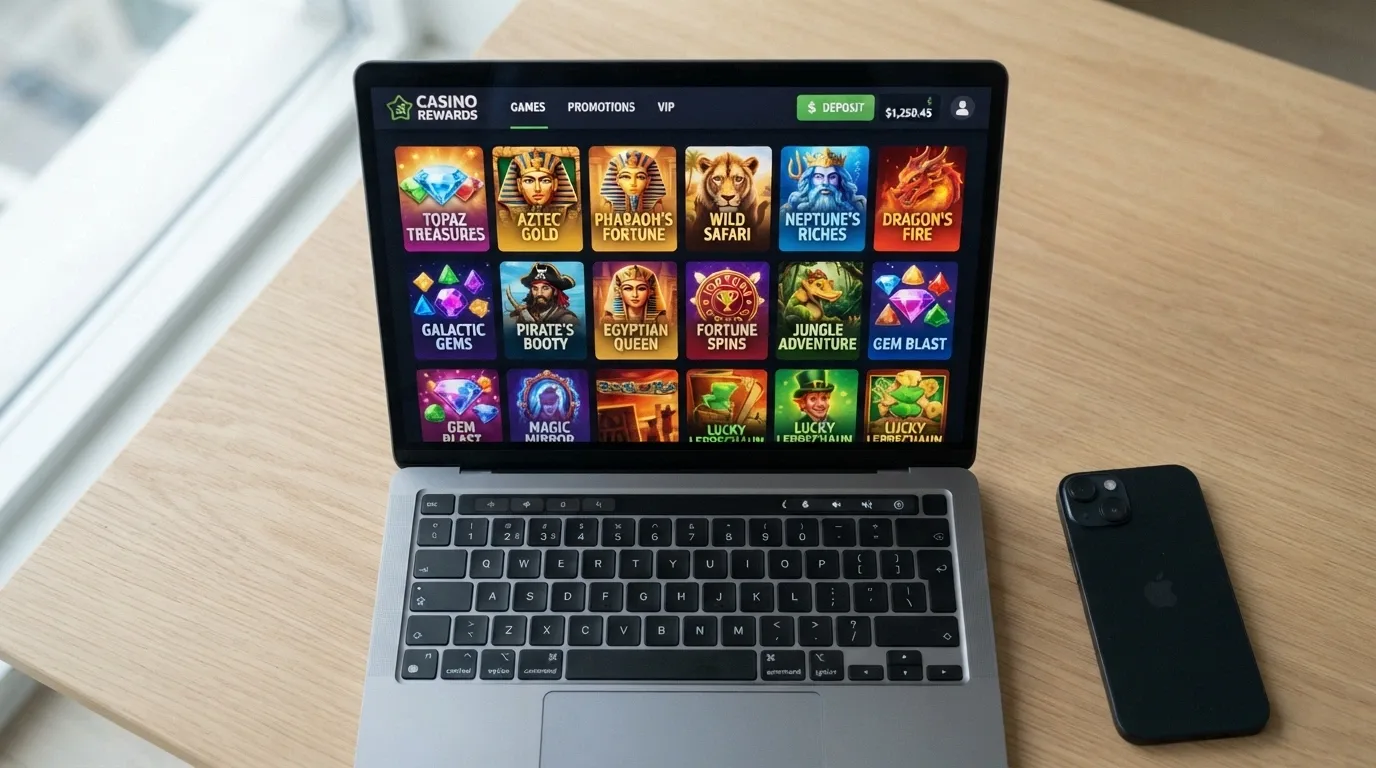 A browser screen showing several offshore casino lobby pages with five-reel slot thumbnails and AU dollar deposit prompts visible