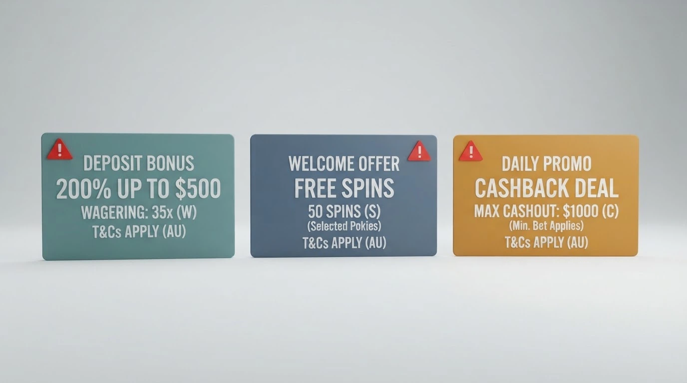 A split-screen view of casino offer cards with different free-spin terms displayed side by side, a warning icon on each
