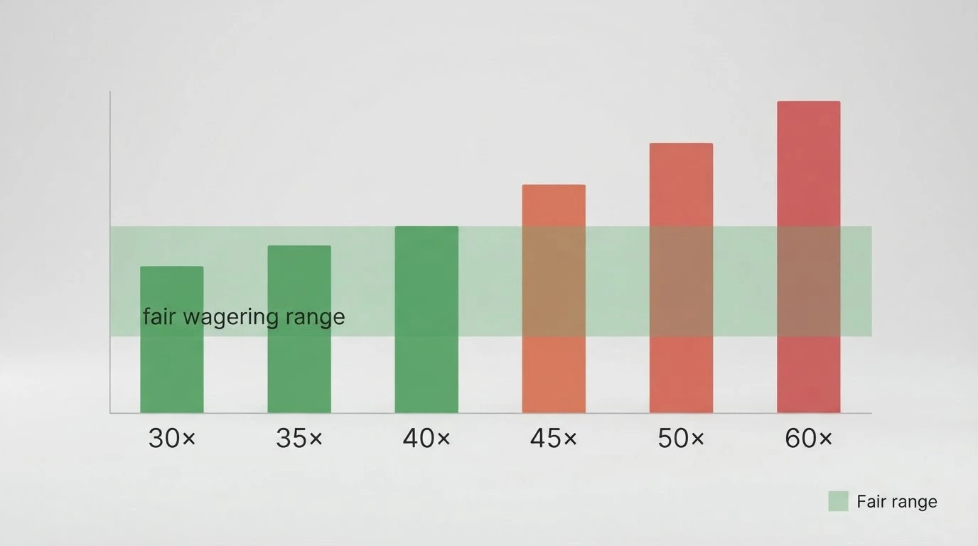 A simplified comparison-chart visual showing operator names down the left matched against wagering-multiple bars of varying length, with a green-shaded zone marking the 30×–40× fair range.