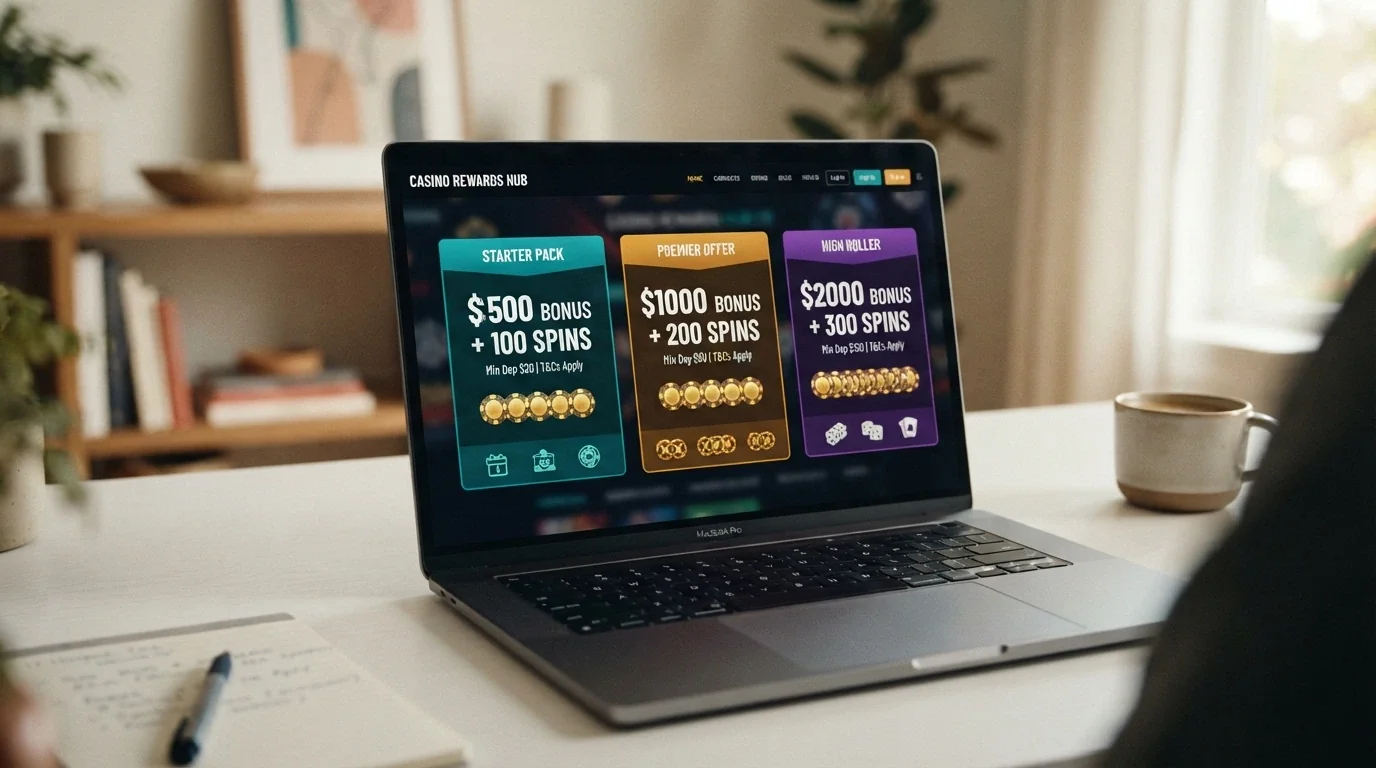 A side-by-side visual comparison of casino welcome-offer cards showing different bonus amounts, spin counts and wagering multiples in Australian dollars