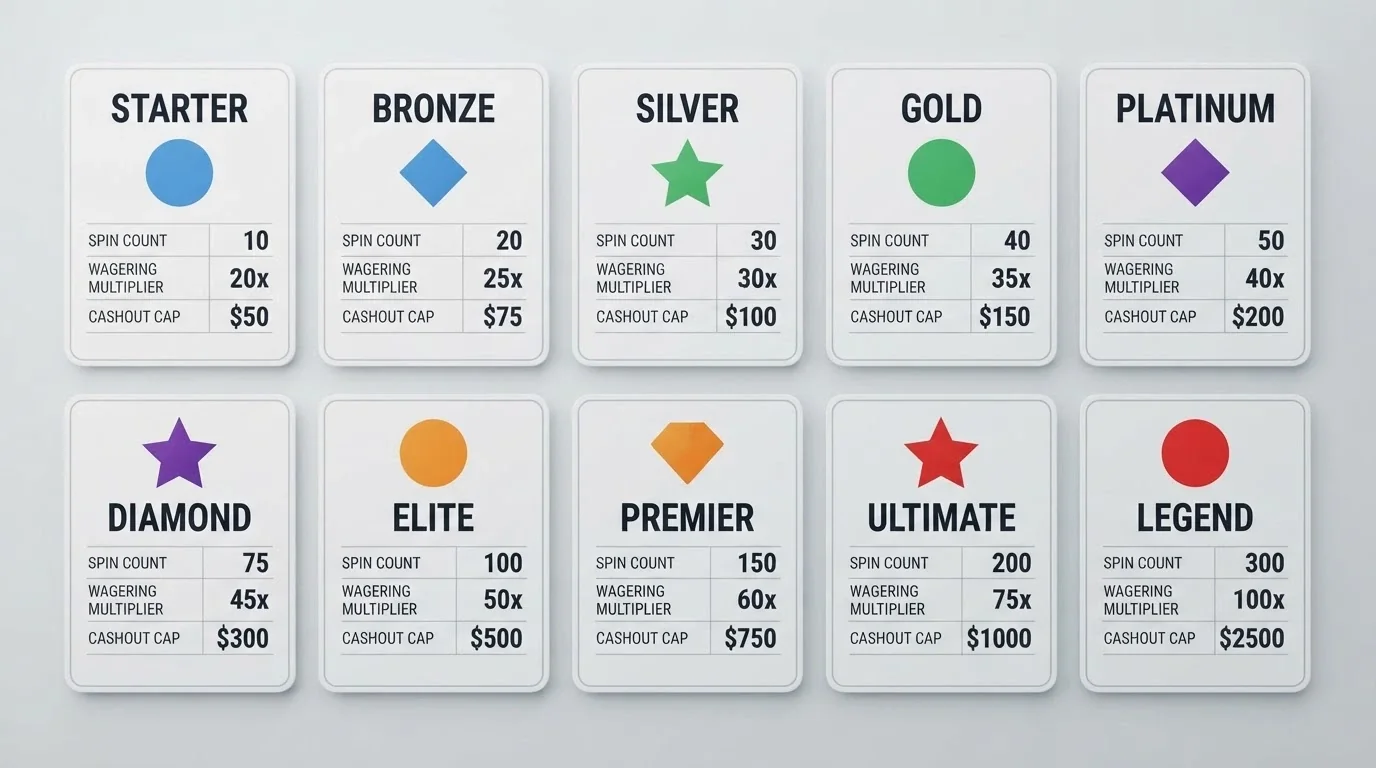 a side-by-side grid of casino brand cards with their no-deposit bonus terms visible below each logo