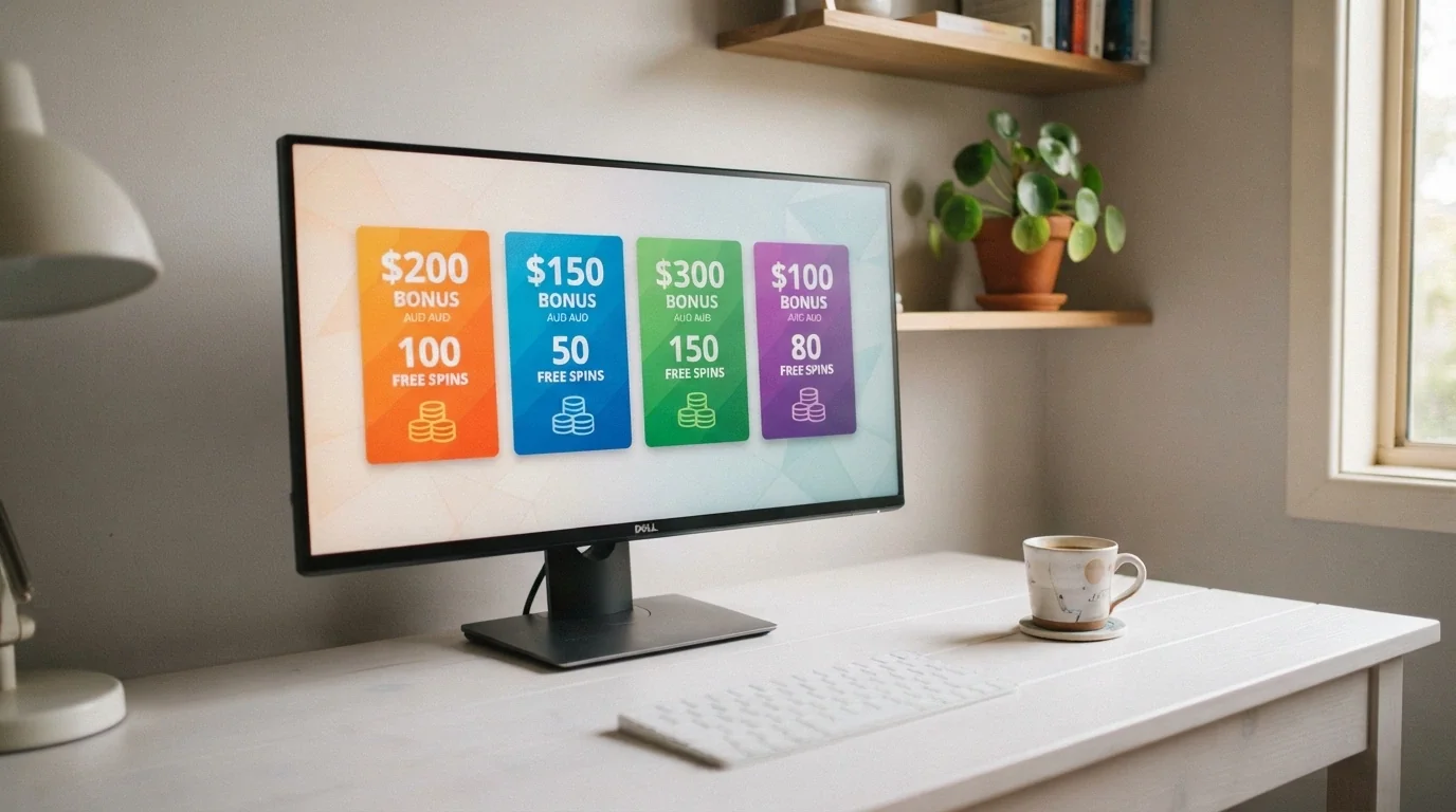 A side-by-side layout of casino welcome-bonus cards with operator logos, bonus amounts and free-spin counts displayed on a desktop screen