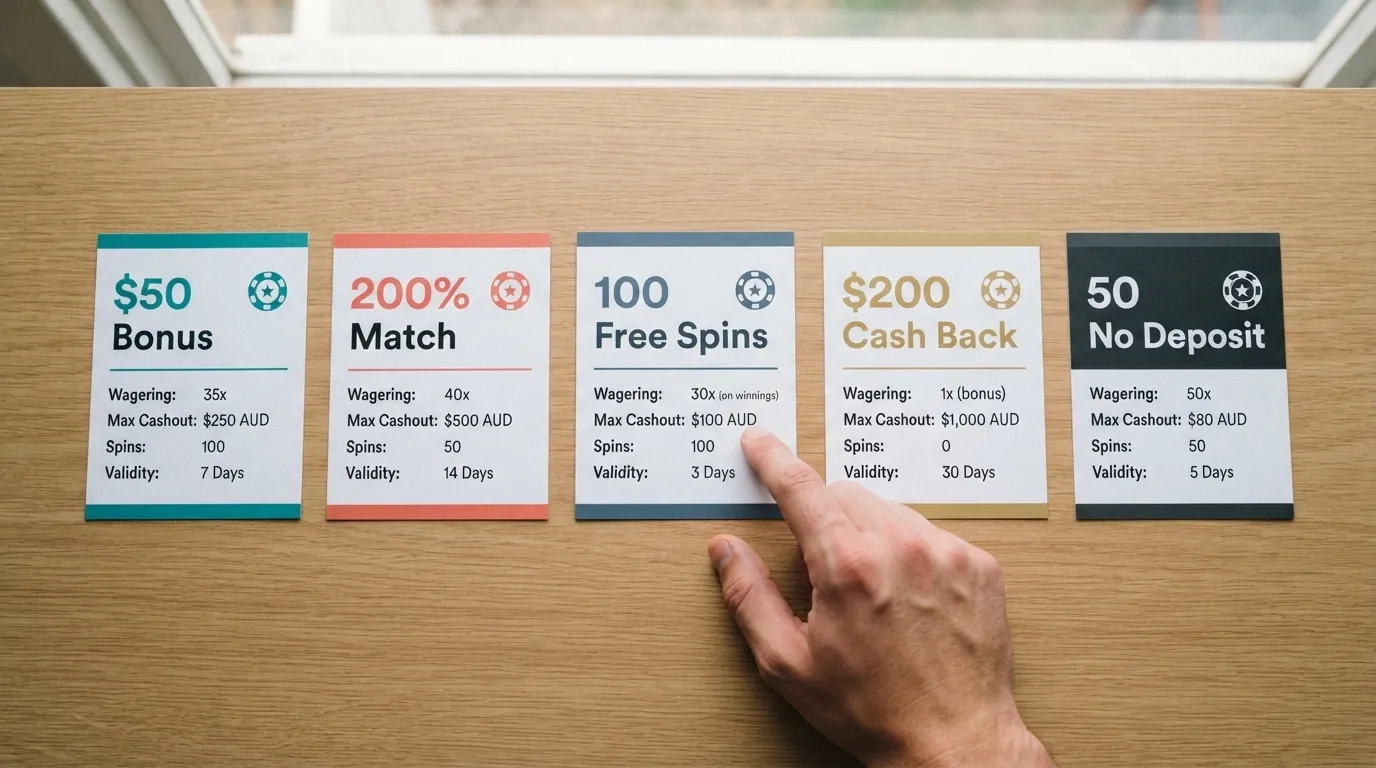 A side-by-side visual comparison of casino offer cards with wagering multiples, cashout caps and spin counts displayed on each