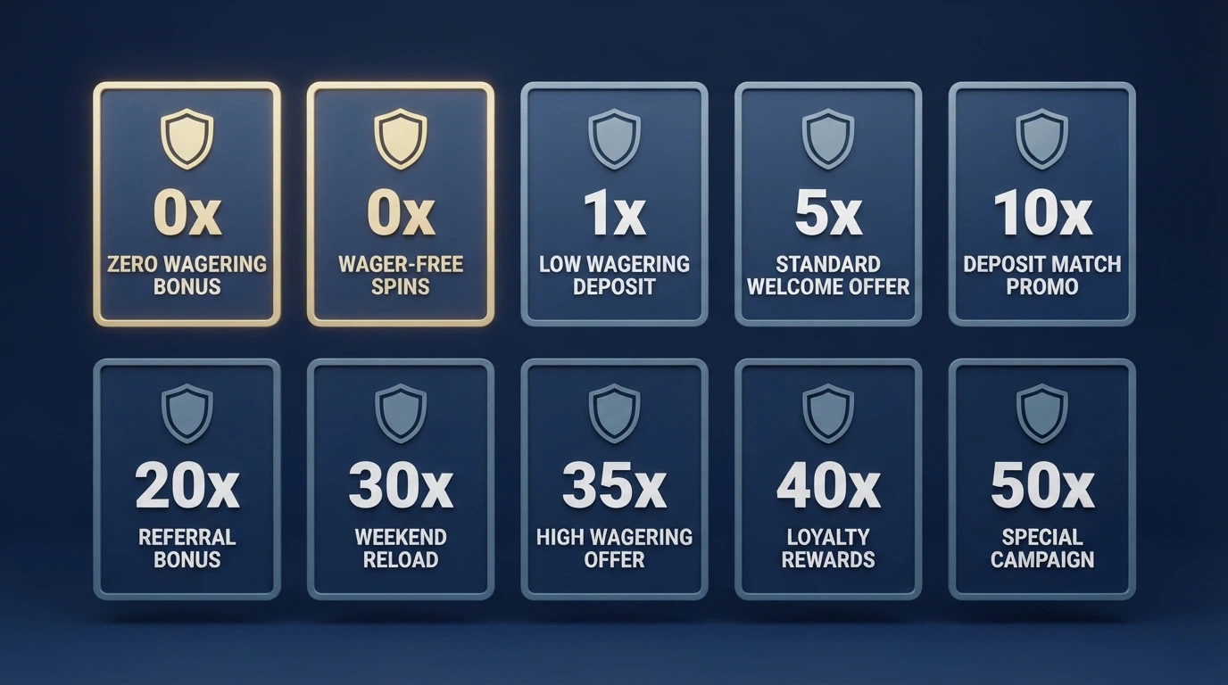 A ranked grid of casino operator cards showing licence badges, wagering multipliers and offer types side by side