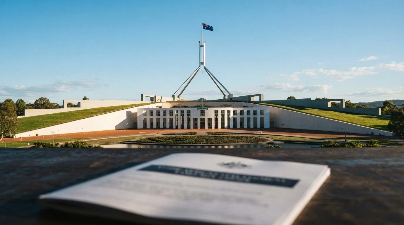 The Australian Parliament House in Canberra with a document overlay reading Interactive Gambling Act 2001 and an ACMA logo