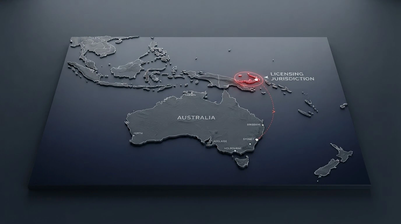 A simplified map of Australia with a red dashed line separating it from an offshore island labelled “Curaçao — Casino Licence Issuer” with arrows showing the direction of the service