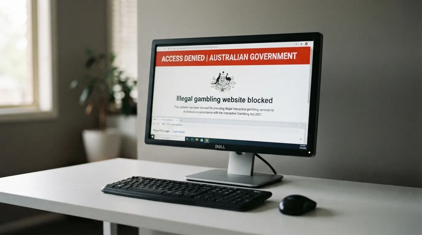 A desktop screen showing an official-looking government webpage with the ACMA logo and the words “Illegal gambling website blocked” in a browser notification