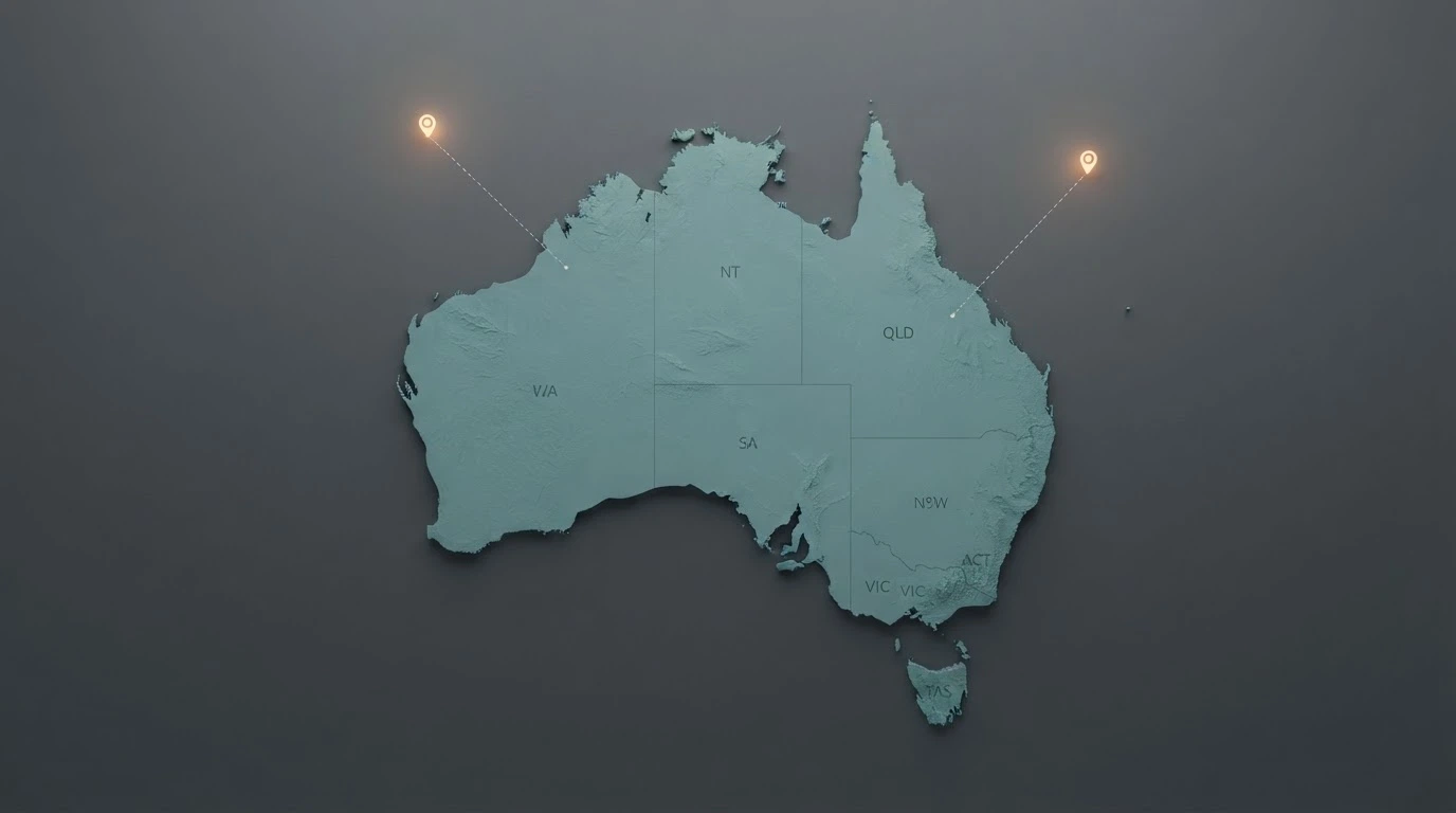 A conceptual map of Australia with markers for Curaçao and Anjouan — the two offshore licence jurisdictions held by the reviewed operators — connected by dashed lines