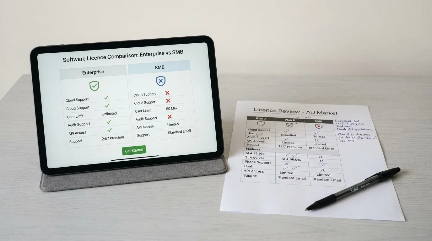 A side-by-side view of casino licence badges displayed on a tablet screen next to a comparison checklist