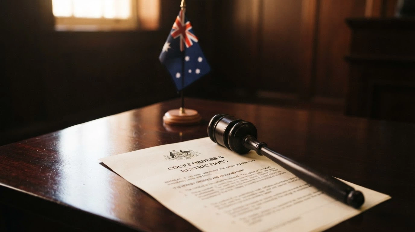 A gavel resting on a printed copy of the Interactive Gambling Act 2001 with an Australian flag in the background