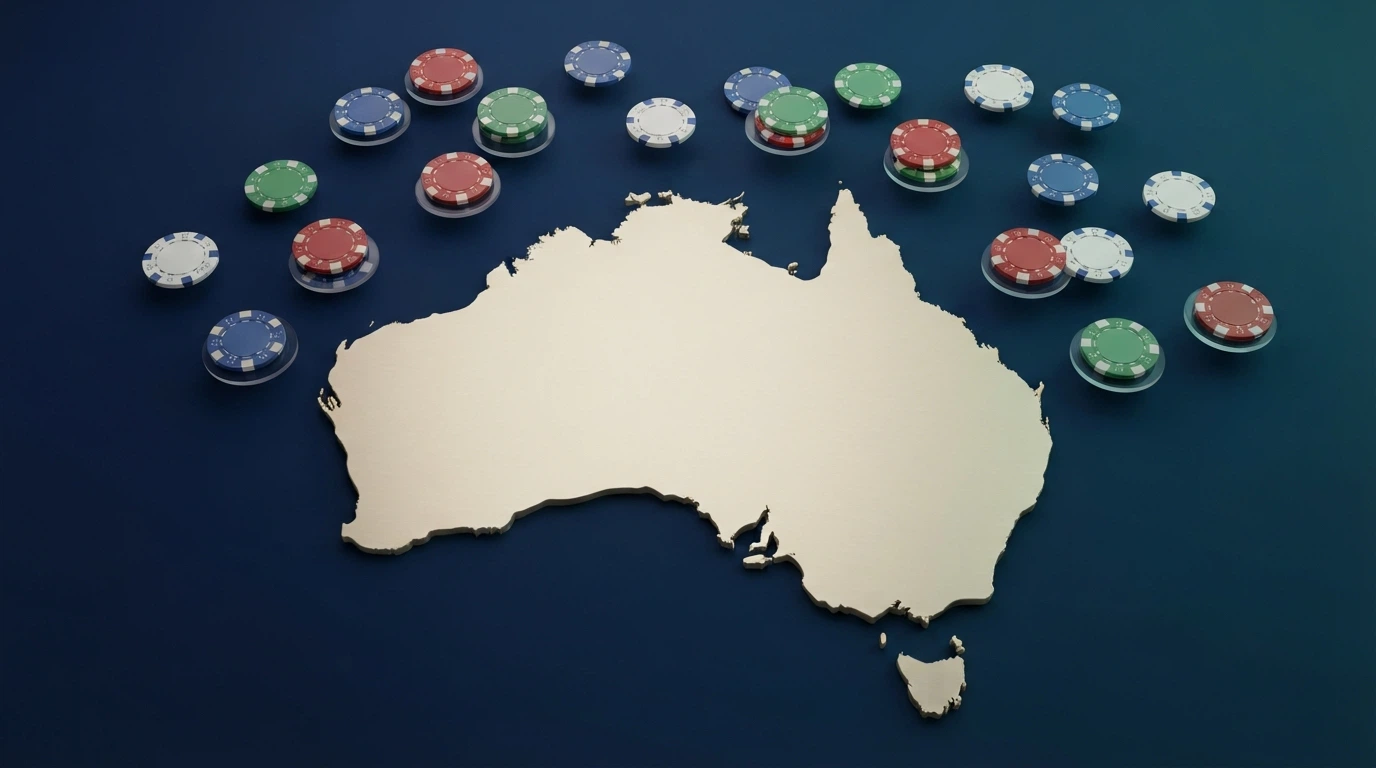 A stylised map of Australia with casino-chip icons floating offshore, none touching the mainland