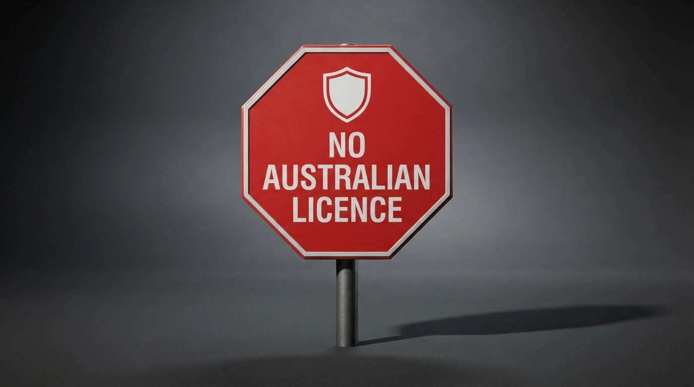 A warning-style sign or notice board with the words “No Australian licence” and the ACMA logo reference