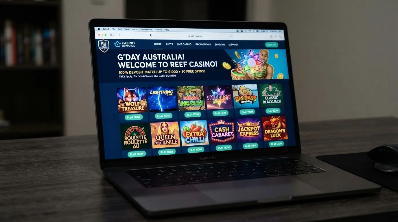 A grid of online casino homepage banners showing welcome-bonus offers directed at Australian players, with licence badges visible