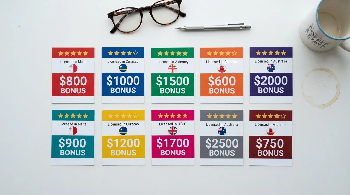 A grid or side-by-side layout of casino brand cards with licence flags, bonus figures and star ratings visible