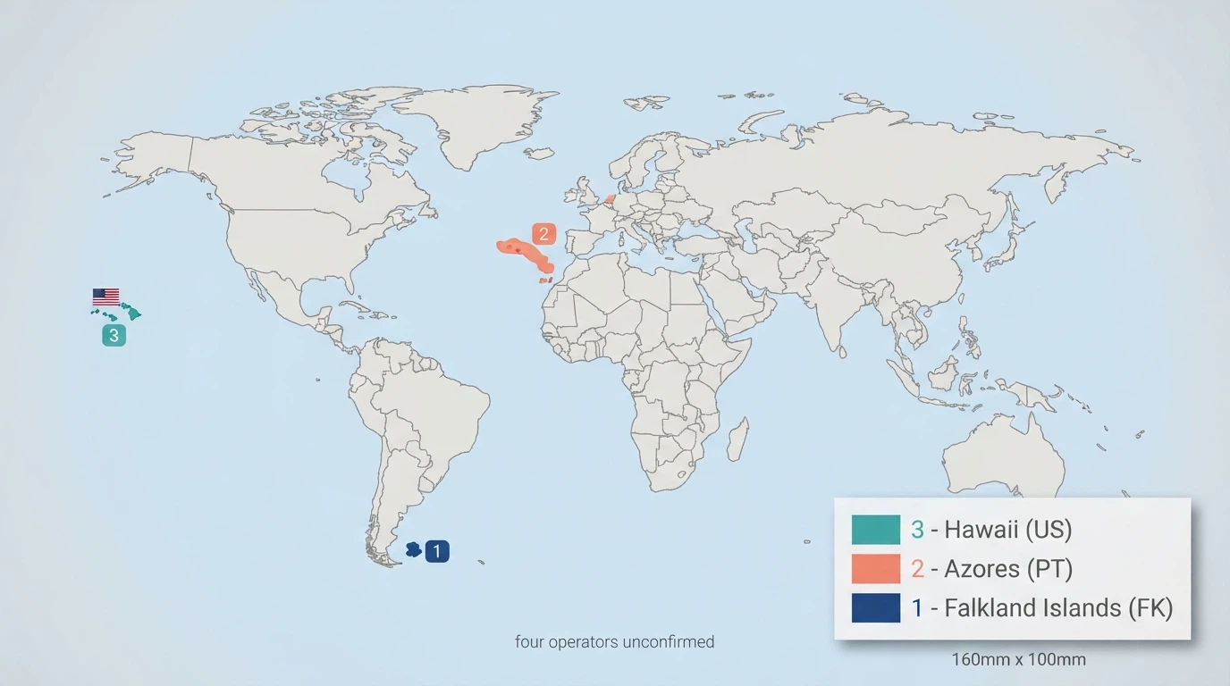 A world map with Curaçao, Anjouan and Tobique highlighted, each with a small flag and the number of featured operators registered there