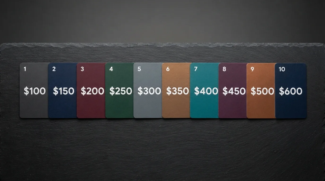 A grid of casino-branded cards arranged side by side on a dark background, each showing a different welcome-bonus figure