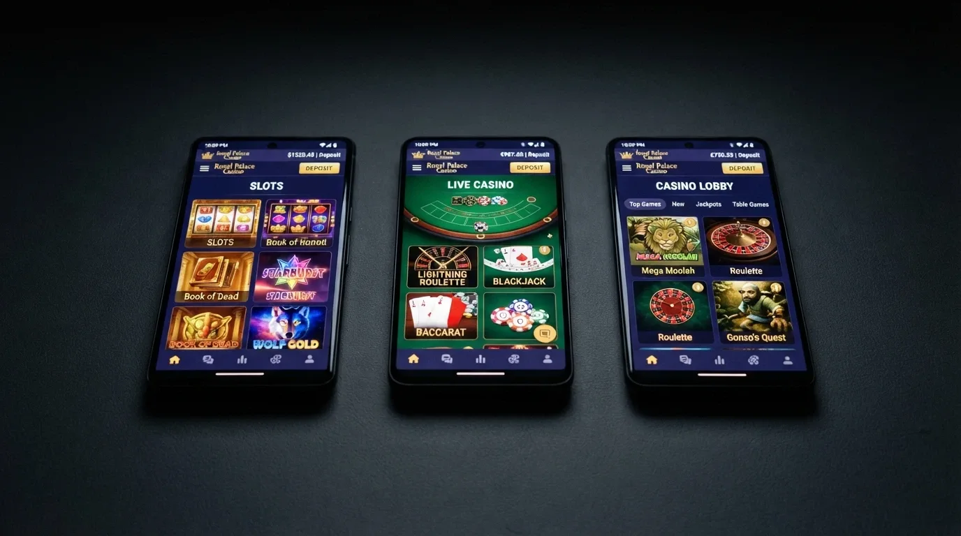 A row of smartphone screens each showing a different pokies app lobby with game tiles and AU-dollar deposit prompts