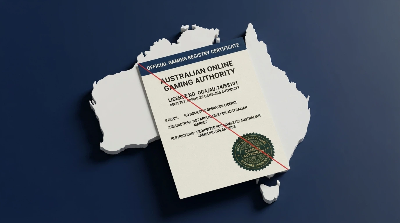 An Australian map with an overlaid licence document bearing a Curaçao seal, visually communicating the offshore licensing reality