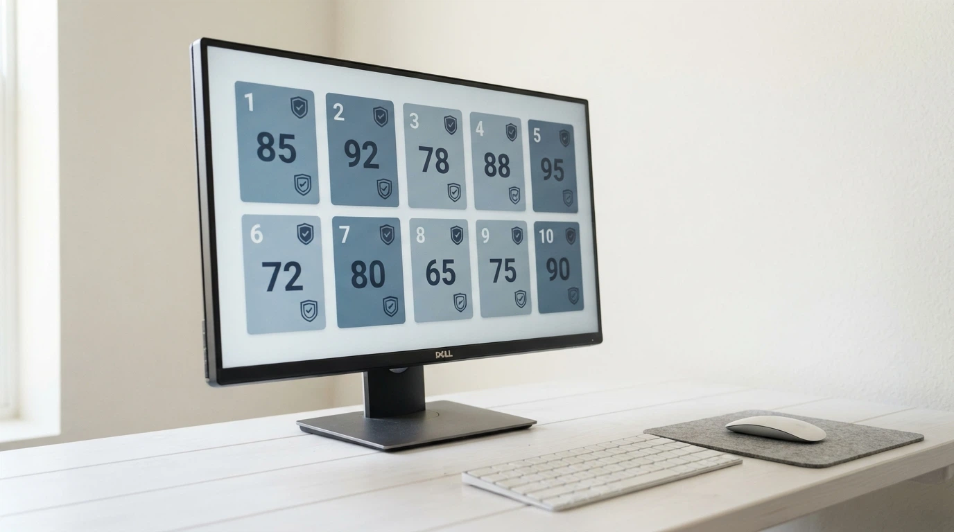 A split-view comparison layout with operator cards showing bonus figures and licence badges, arranged in ranked order on a desktop screen