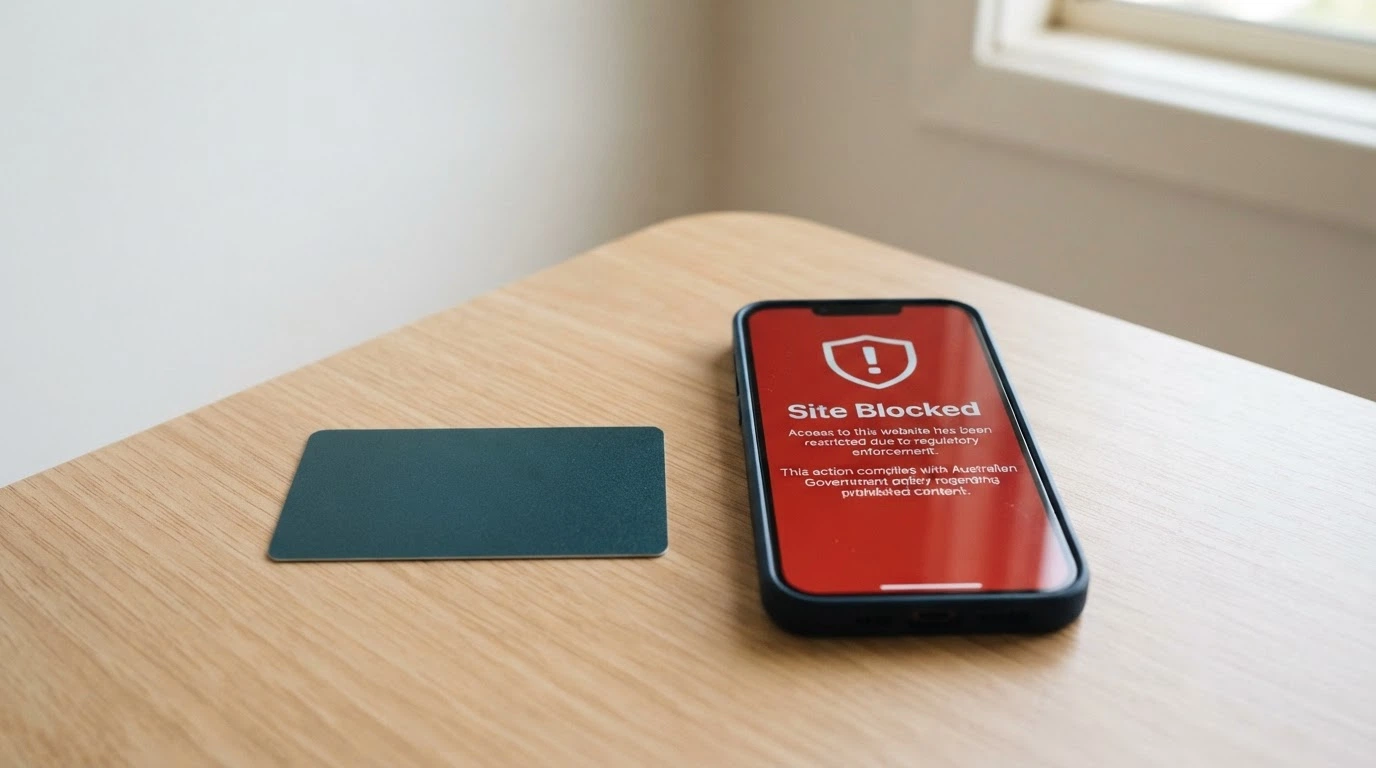 An Australian driver licence beside a smartphone displaying an ACMA blocked-website notice