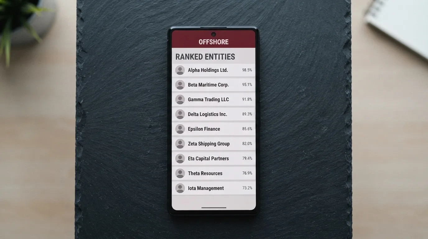 a ranking list of pokies operators on a phone, each row marked offshore