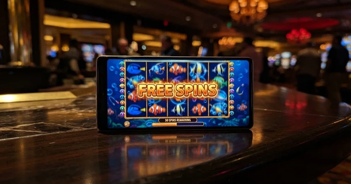 A smartphone screen showing a colourful online pokie game with the word “Free Spins” displayed across the reels, set against a dark casino-lobby background