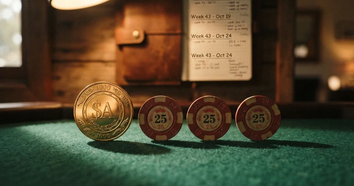 A split comparison graphic showing a large one-time welcome bonus chip on one side and a smaller but repeating reload bonus chip on the other, with Australian dollar symbols and a calendar in the background