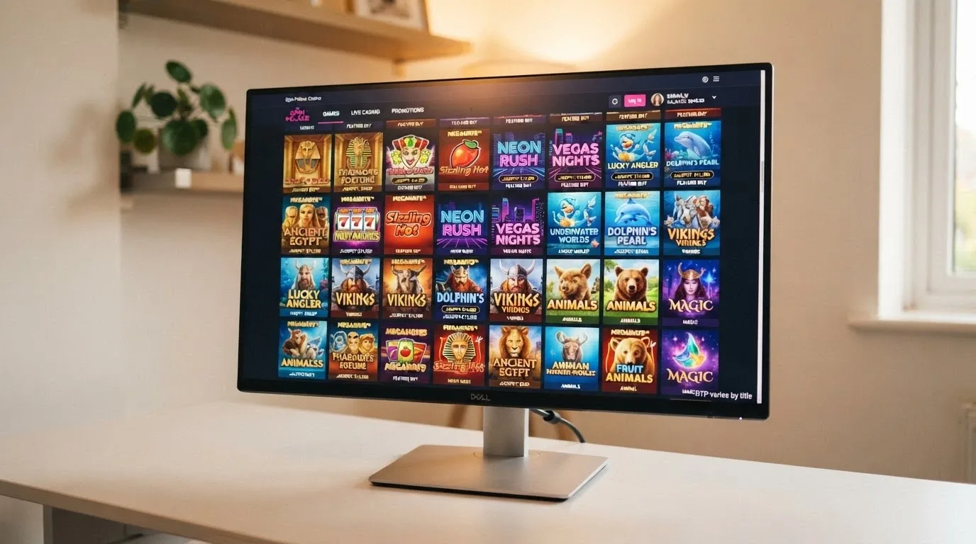 A wide-angle view of an online pokies game grid with thumbnail tiles in multiple themes, overlaid with a subtle “RTP varies by title” annotation