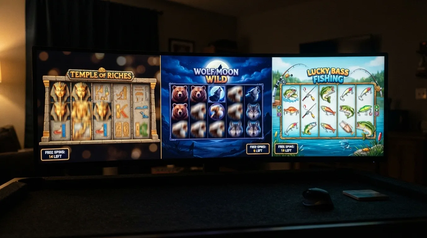 A grid of three pokies title screens — Aztec Magic, Wolf Treasure and Big Bass Bonanza 1000 — with free-spin counts overlaid on each