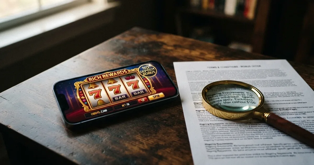 A smartphone screen showing a colourful online pokies game with a “No Deposit Bonus” badge, sitting next to a printed terms-and-conditions document with a magnifying glass over the fine print
