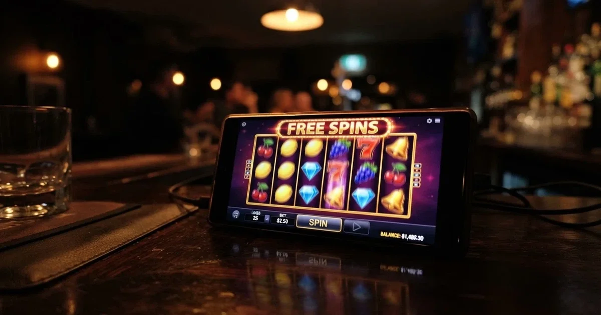 A smartphone screen showing colourful online pokies reels spinning with free-spin bonus symbols lit up