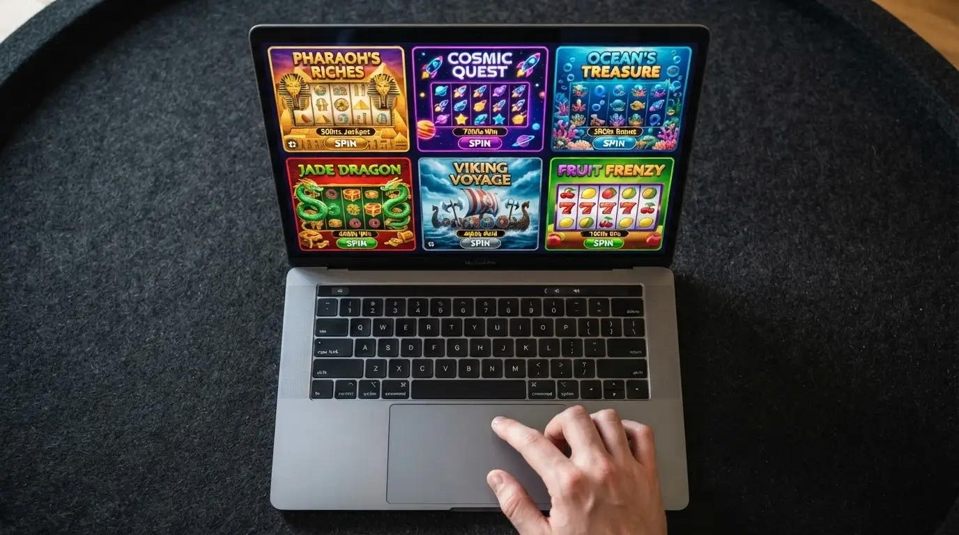 A grid of colourful online pokies title screens — themes ranging from ancient Egypt to space adventure — with reels visible and spin buttons highlighted