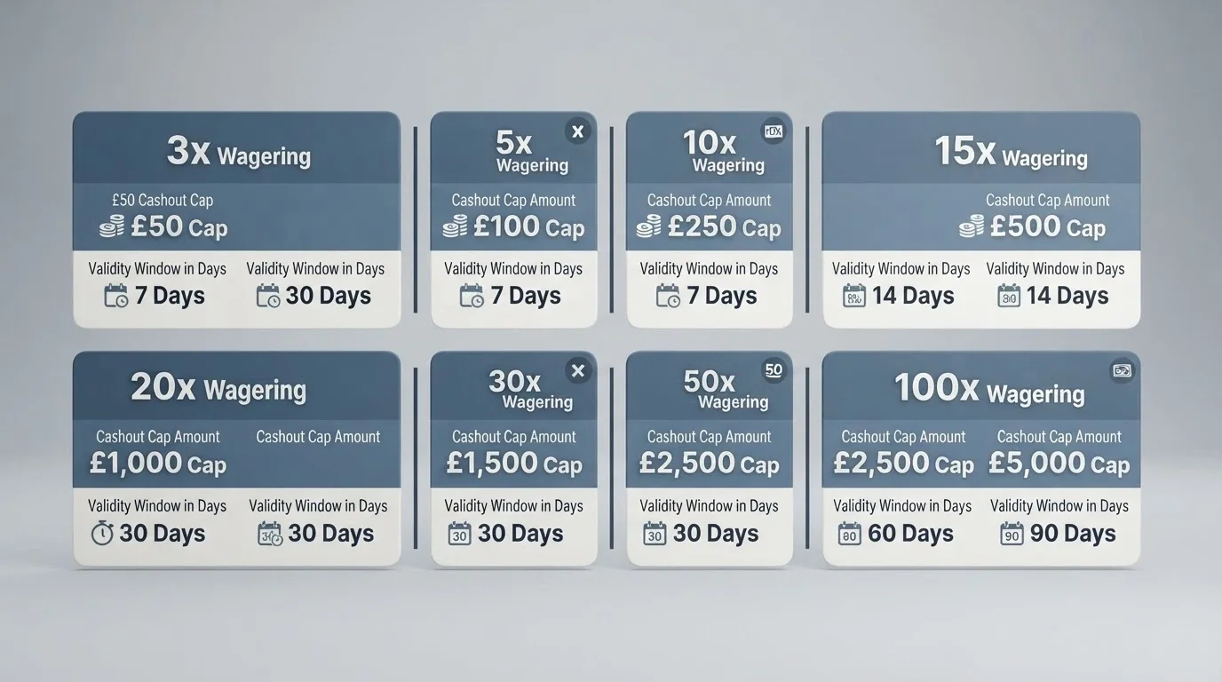 A visual comparison grid of casino brand cards with key figures — wagering multiple, cashout cap and validity — displayed side by side