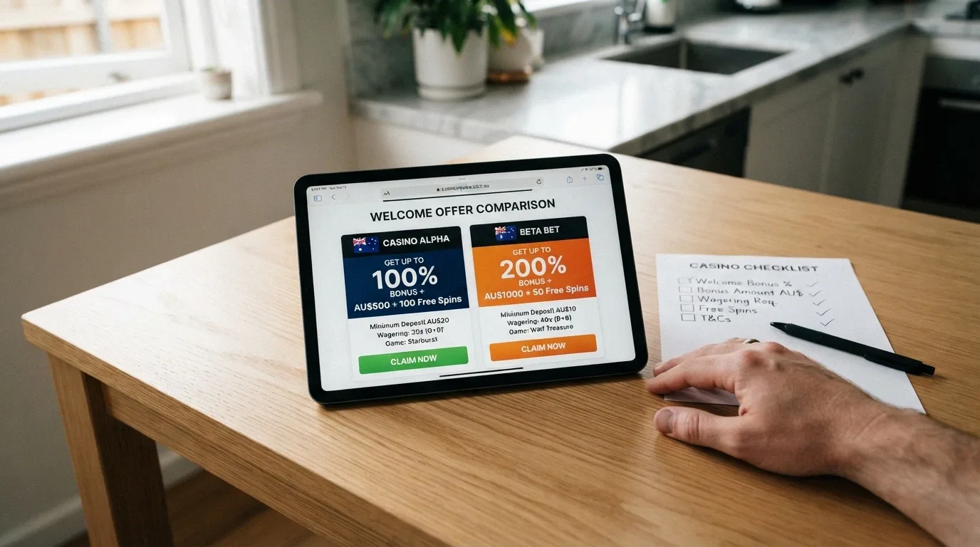 A player comparing two casino welcome-offer panels side by side on a tablet