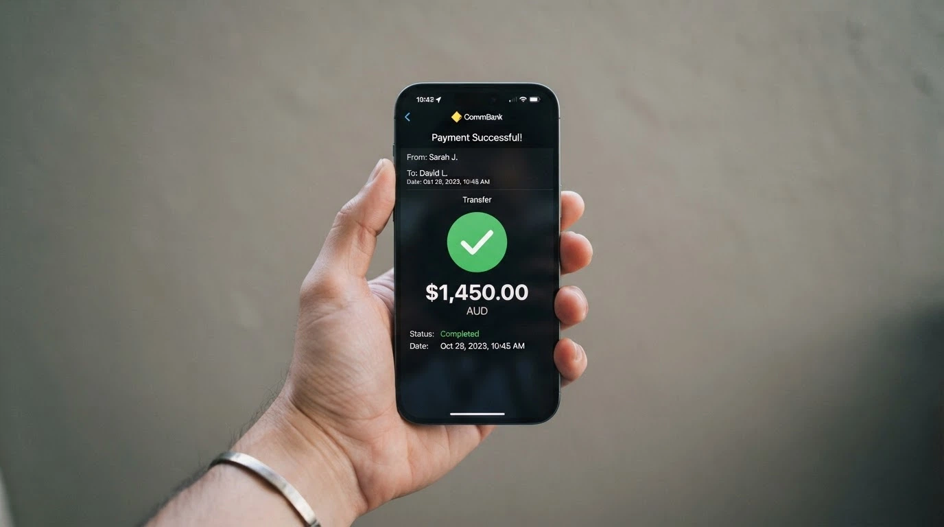 A banking app screen showing a PayID payment confirmation with a dollar amount