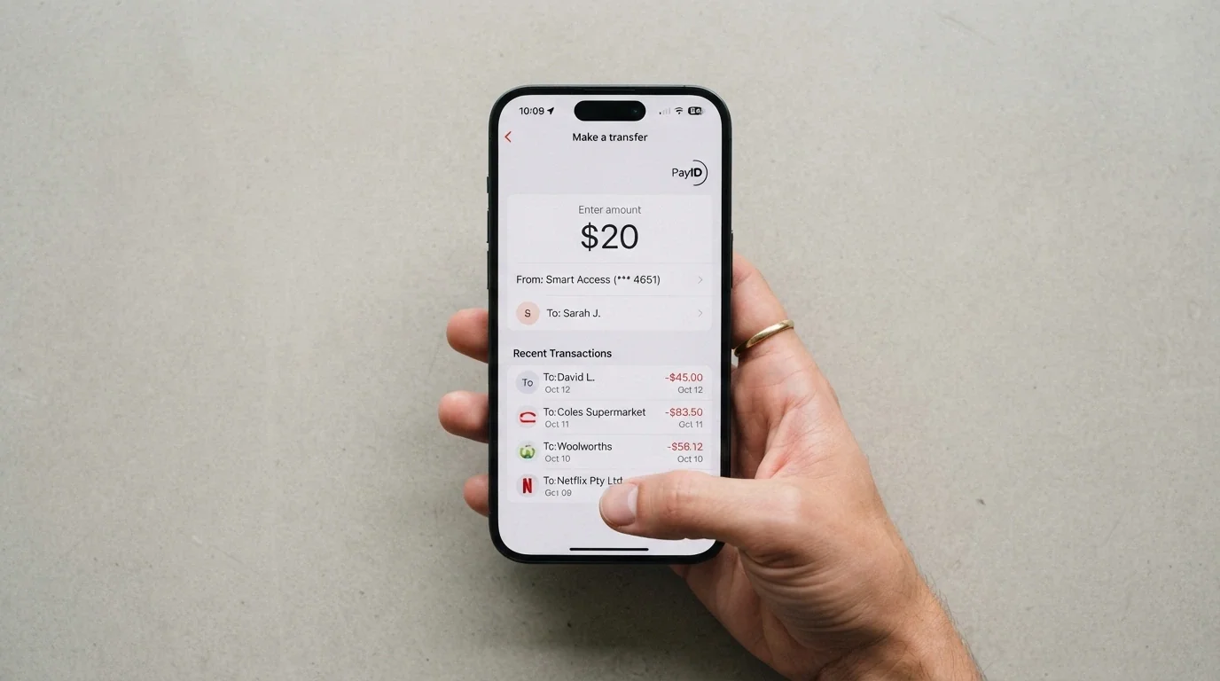 An Australian banking app open to the PayID transfer screen with a $20 amount entered, the Osko logo visible in the top corner and a transaction-history list below.
