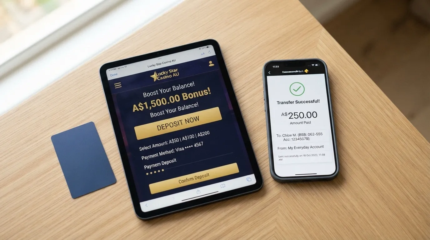 A smartphone showing a banking app with a PayID transfer confirmation screen, beside a casino deposit page displaying A$ amounts and a “deposit now” button